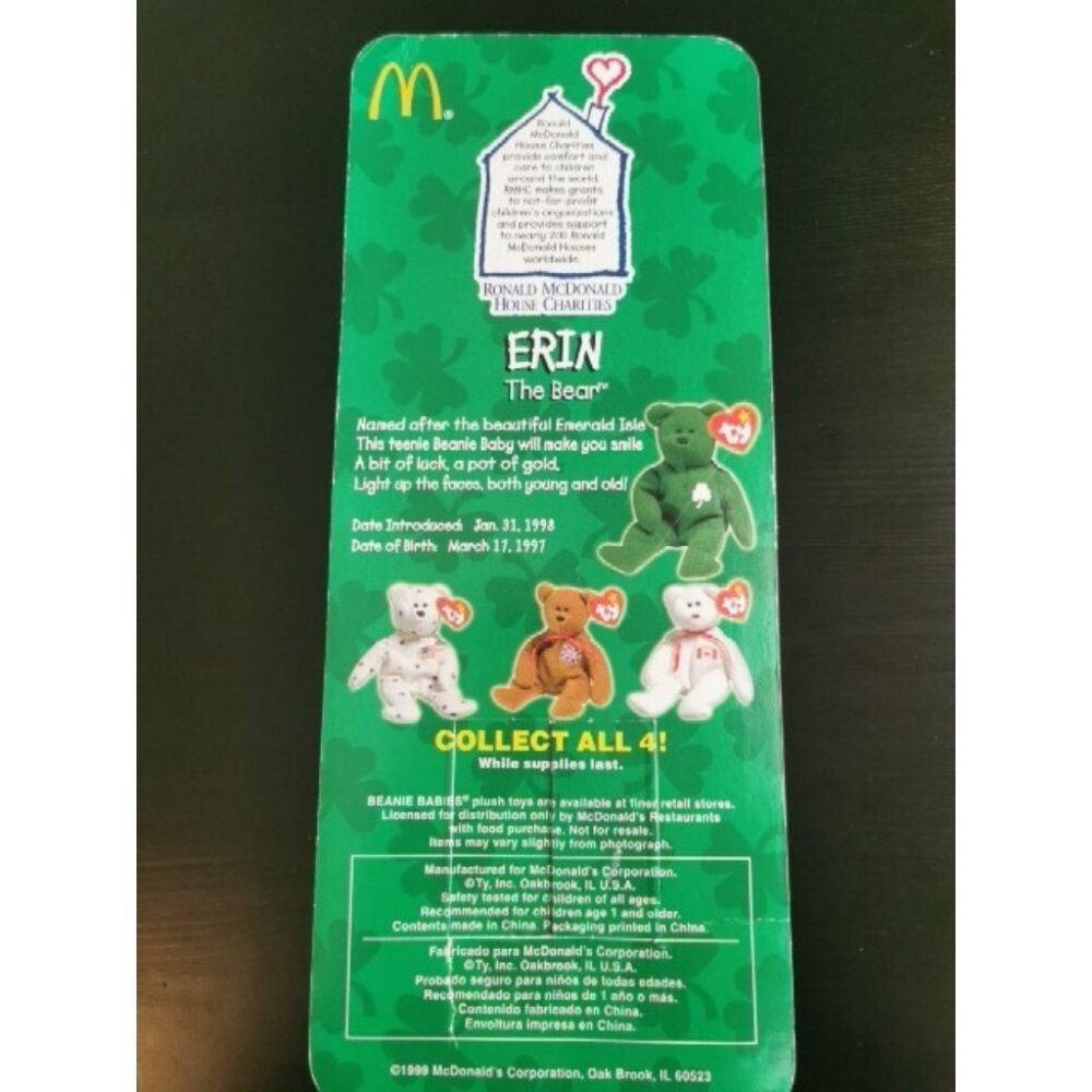 Vintage 1999 TY Beanie Baby Erin The Bear Plush Toy McDonald’s Sealed Rare Error - Picture 3 of 3